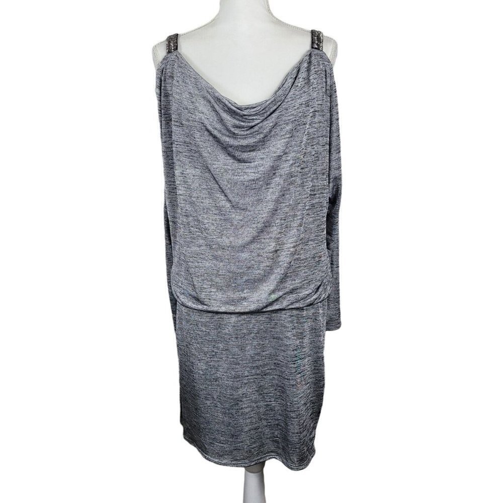 WHBM Small Cold Shoulder Silver Jersey Dress Beaded Shoulders Blouson Heathered
